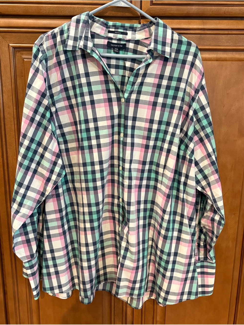 Lands' End Mint, Pink & Navy Plaid Button-Up Shirt Size 26W